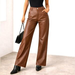Chocolate Brown Vegan Leather Wide Leg Pants – High Rise | 39” Long NWT Size M
